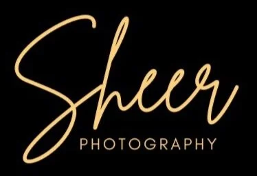 The logo reads Sheer Photography in elegant, cursive gold lettering on a black background.
