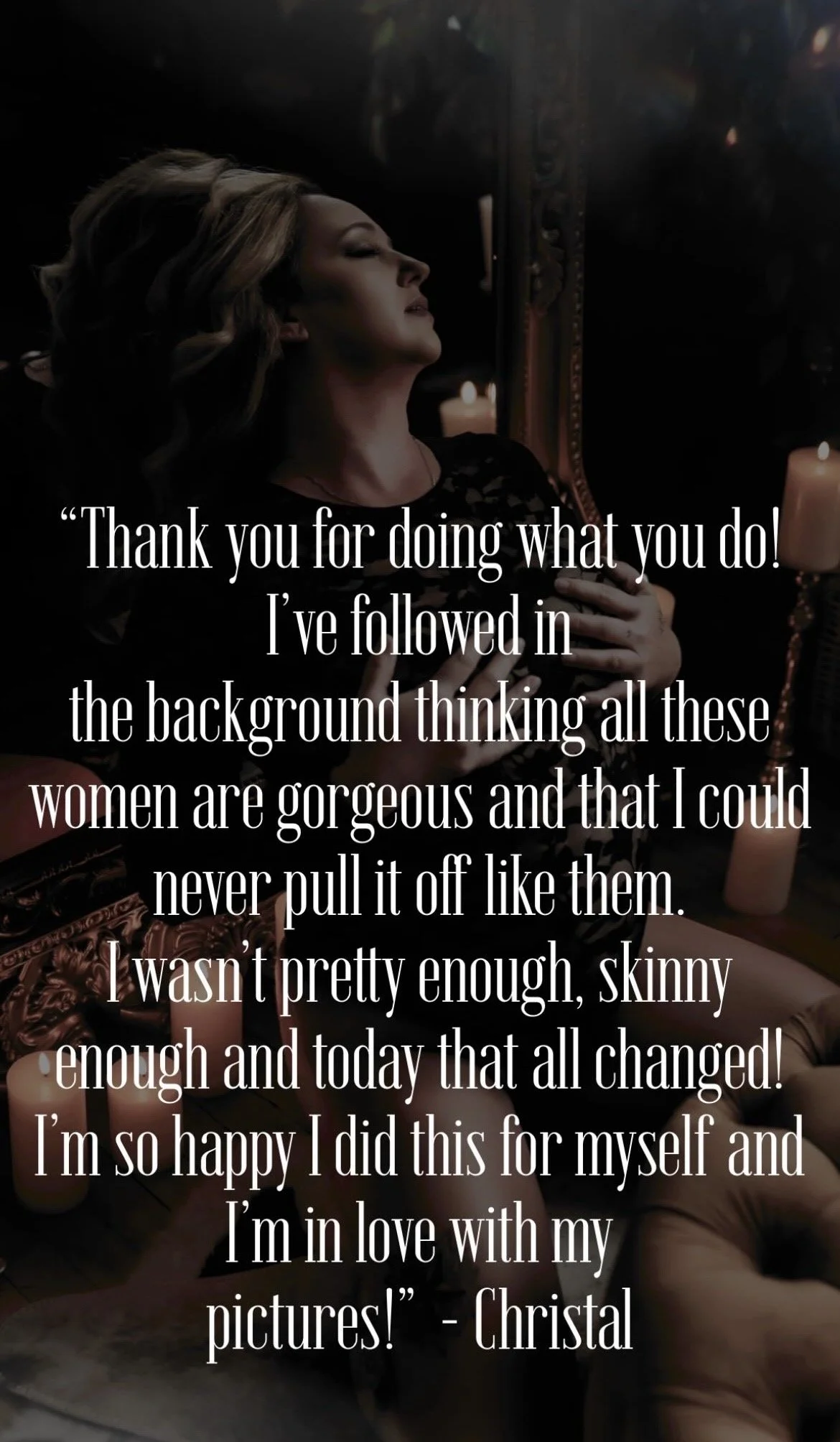A woman poses confidently with a quote overlay expressing newfound self-love and gratitude for her beauty in photos.
