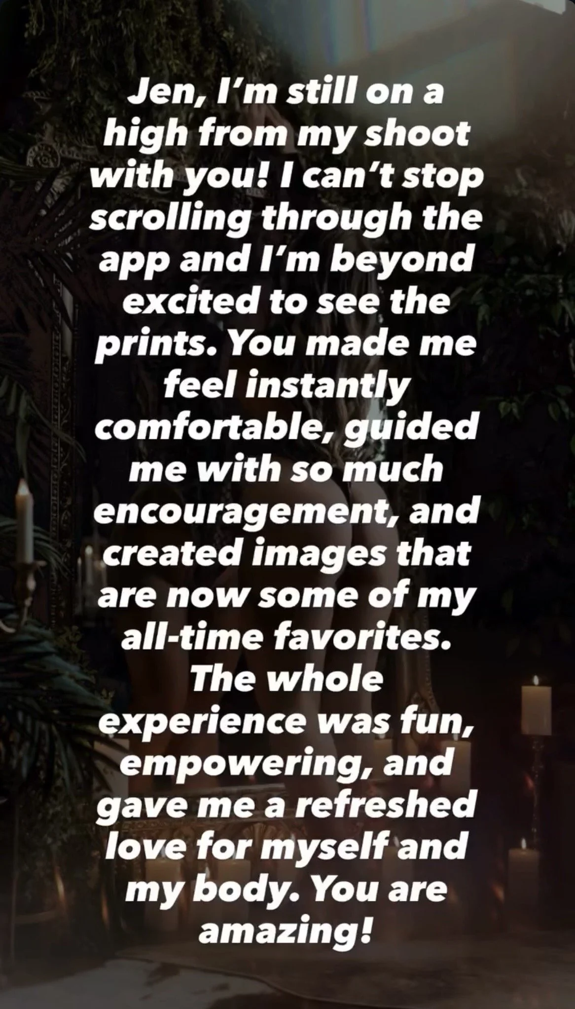 Client review expressing gratitude and excitement about a positive photo shoot experience.