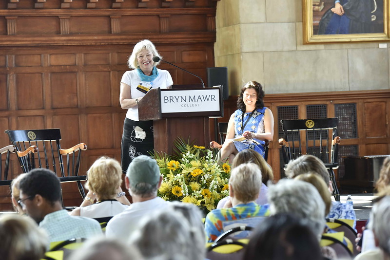 Caroline accepting a well-deserved award while being hilarious, and Saskia laughing. Not pictured: Saskia's airbrush tattoo of a dragon, which she proudly wore while giving her address to alumnae at reunion as president of the Alumnae Association Executive Board.