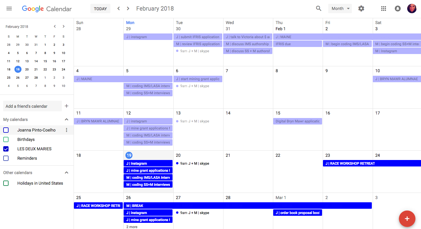 Our shared Google calendar for February 2018