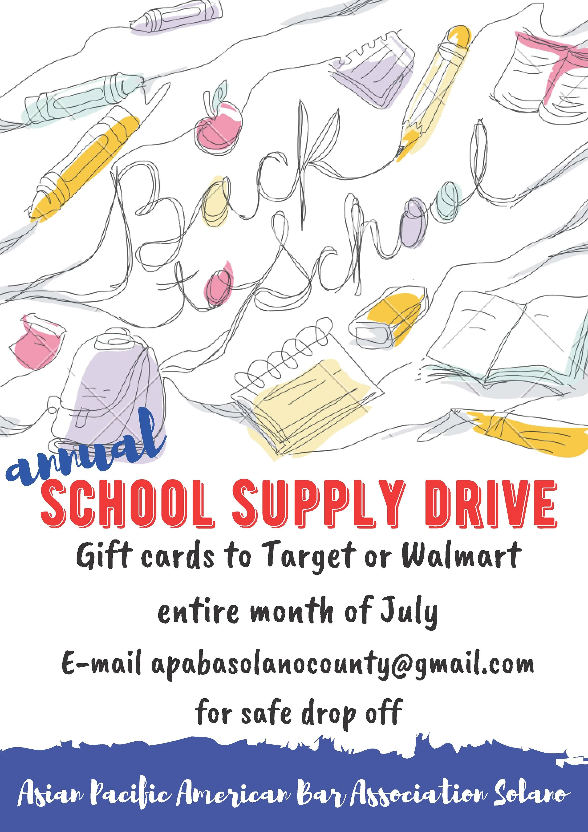  Gift cards to Target or Walmart for the Solano County Office of Education.   Alternatively - donations can be made via ABABA’s Paypal account as designated.  