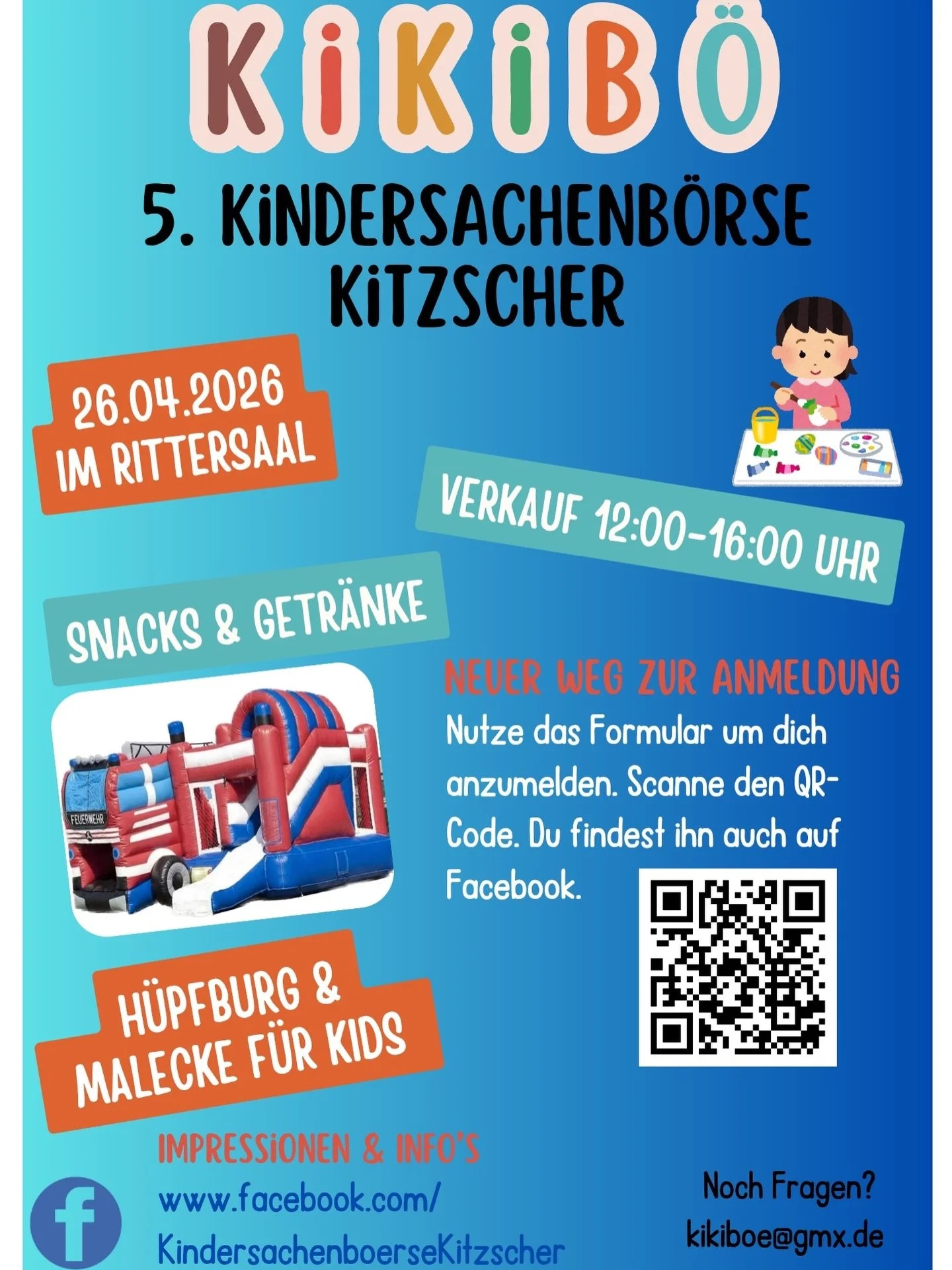 🔊 5. KikiB&ouml; / Ank&uuml;ndigung 📣

🗓️ 26.04.2026
⏰ 12 - 16 Uhr 
📍 Rittersaal Kitzscher (Bornaer Stra&szlig;e 21, Kitzscher) 
 
🏰 Nat&uuml;rlich ist wieder eine H&uuml;pfburg, sowie eine kleine Kreativecke f&uuml;r die Kleinen dabei

Ob Shopp