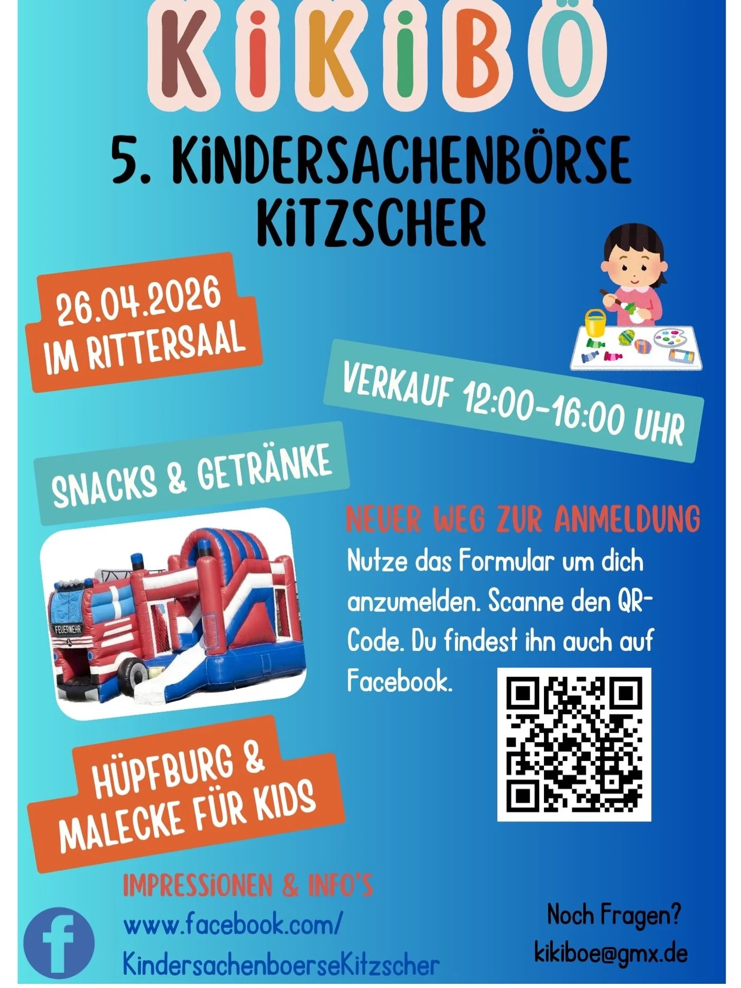 🔊 5. KikiB&ouml; / Update 📣

🗓️ 26.04.2026
⏰ 12 - 16 Uhr 
📍 Rittersaal Kitzscher (Bornaer Stra&szlig;e 21, Kitzscher)
☀️ bis 12 Grad / Sonne / kein Regen (aktuelle Vorhersage)
 
🏰 Nat&uuml;rlich ist wieder eine H&uuml;pfburg, sowie eine kleine K