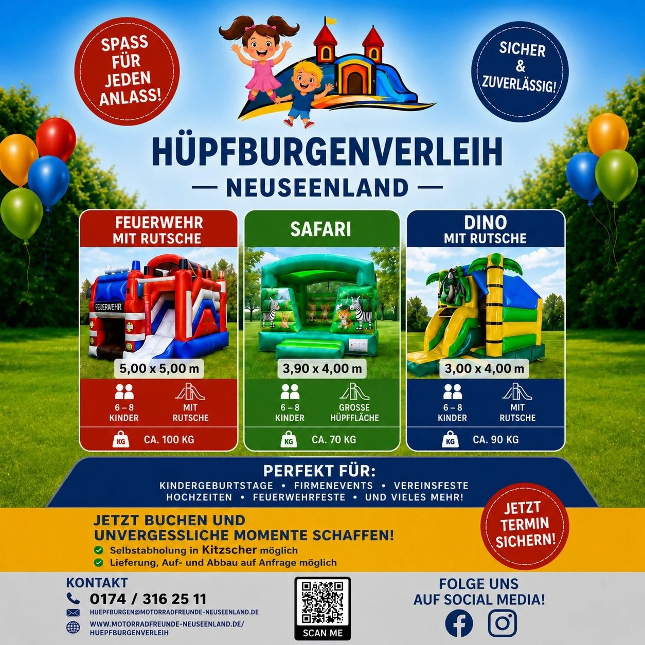 🎉 H&uuml;pfburgen-Spa&szlig; f&uuml;r jedes Event! 🎉

Ob Kindergeburtstag, Vereinsfest oder Firmenfeier &ndash; mit unseren H&uuml;pfburgen wird jede Veranstaltung zum Highlight! 🏰✨
Von Feuerwehr &uuml;ber Safari bis Dino mit Rutsche &ndash; siche