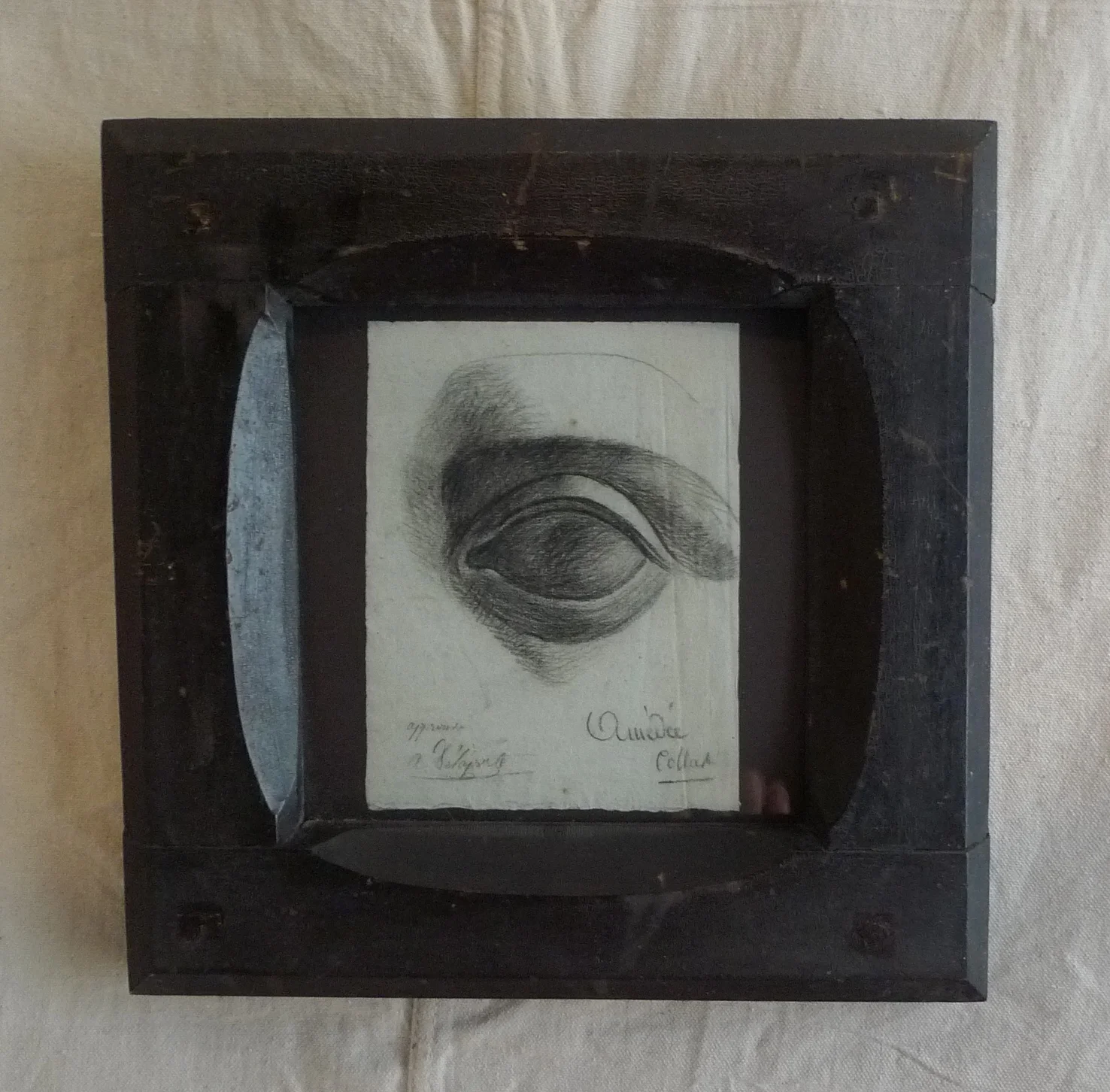  This is a bold, masculine frame with such a creative and unusual&nbsp;sight edge that I couldn't resist pairing it with&nbsp;this 19th c. sketch of an eye. &nbsp;Heavy and solid, this frame is tightly pegged at the face corners. &nbsp;  Measures 13"
