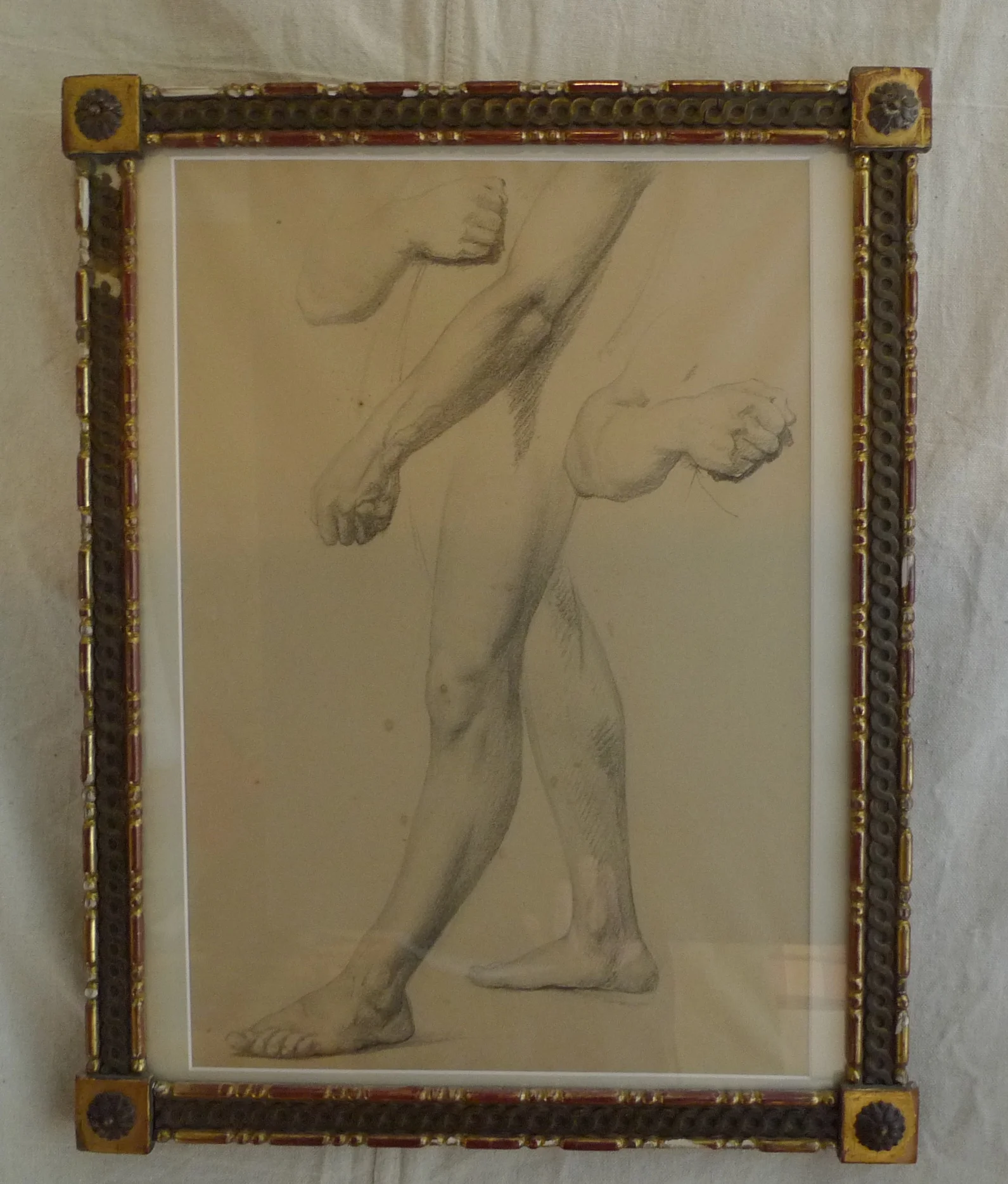  There is roughness all around in this pairing, but it's altogether richer as a result. &nbsp;The frame is European,and probably from the early 20th c., but its losses offer the sense that it was with this 19th c. European study all along. &nbsp;  Me