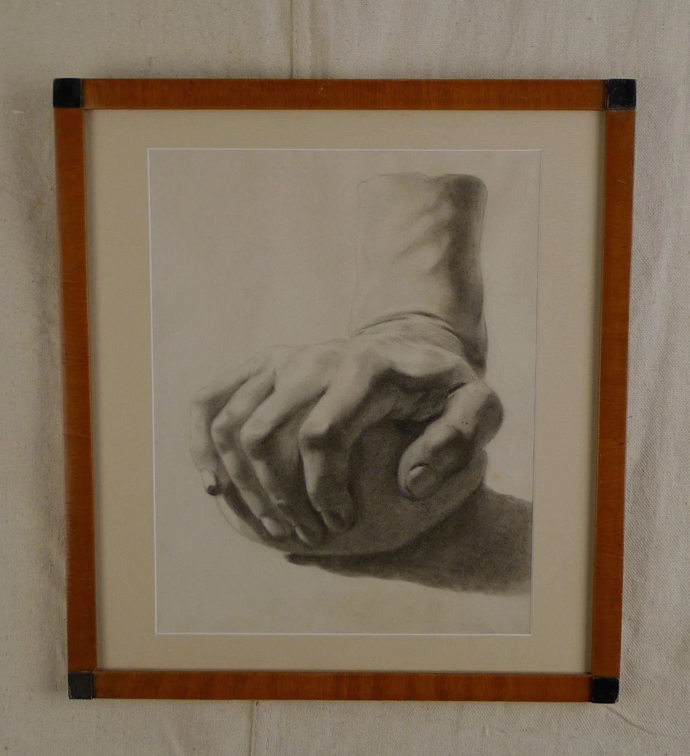  A striking 19th c. academic study of a hand grasping a rock in a simple Biedermeier frame with ebonized corners. &nbsp; The strength and masculinity of the subject belies the very delicate hand of the artist. &nbsp;  Measures 12" w x 13" h.  $600 