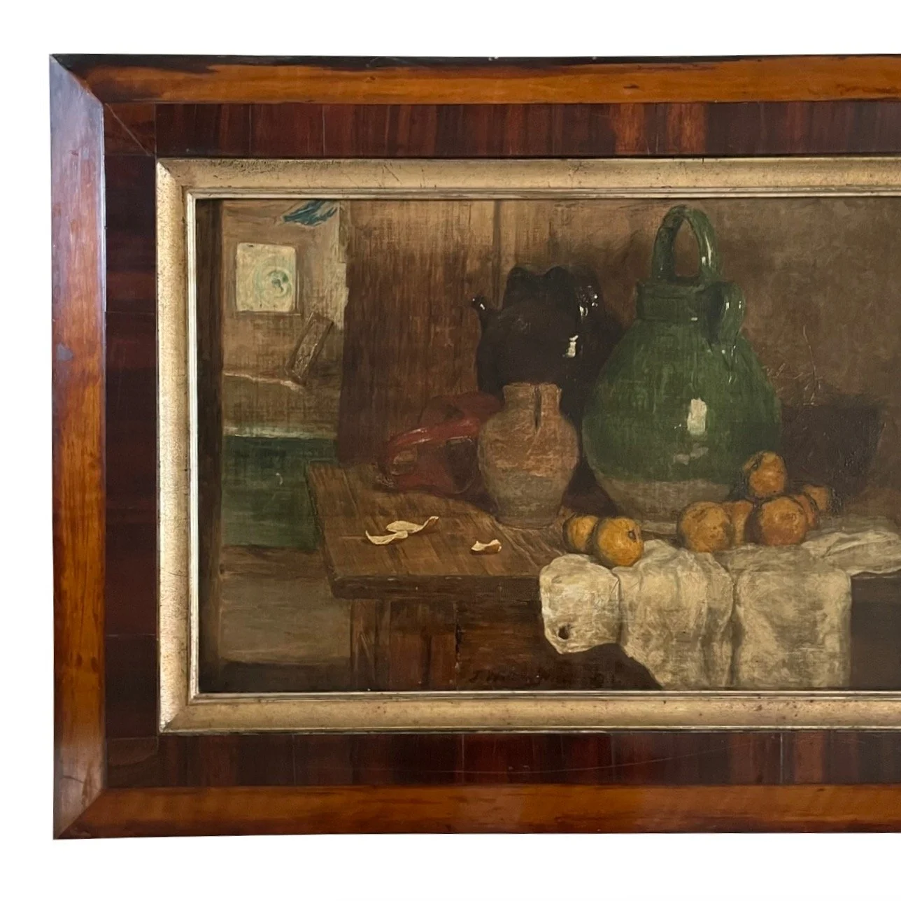 The frame shattered into pieces after being dropped at a show. I kept all the pieces in a box and waited. When I found this artwork I became enamored of the possibility of pairing these two. My frame guru, P.H. Miller, came up with the beautiful sil