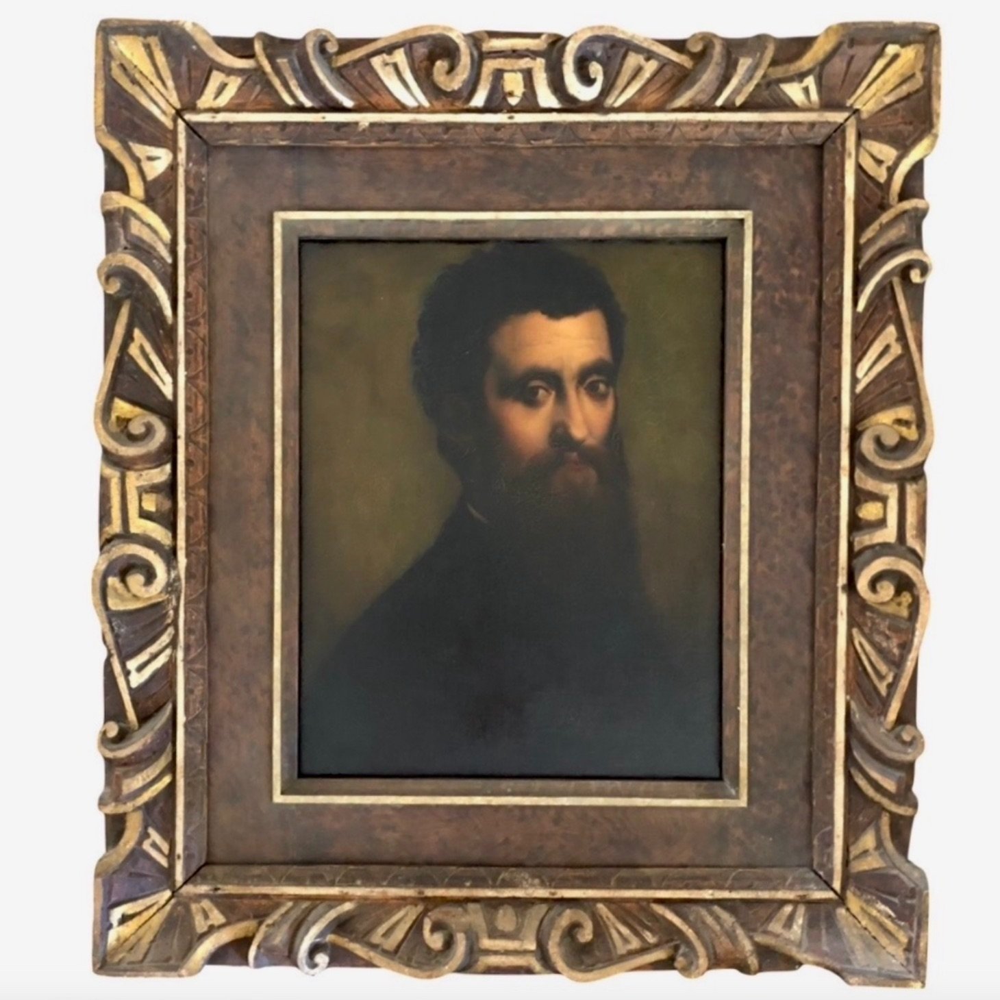  Each piece beautifully complements the other in this pairing and the two are brilliantly joined by a walnut liner made by PH Miller Studios. Sansovino frames are rare and are the ur-portrait frame; no Renaissance portrait gallery would be complete w