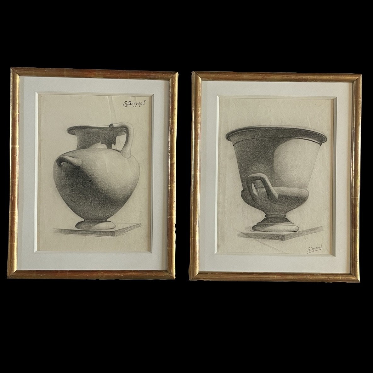 Graphite Urns in Gilt Half Round Frames