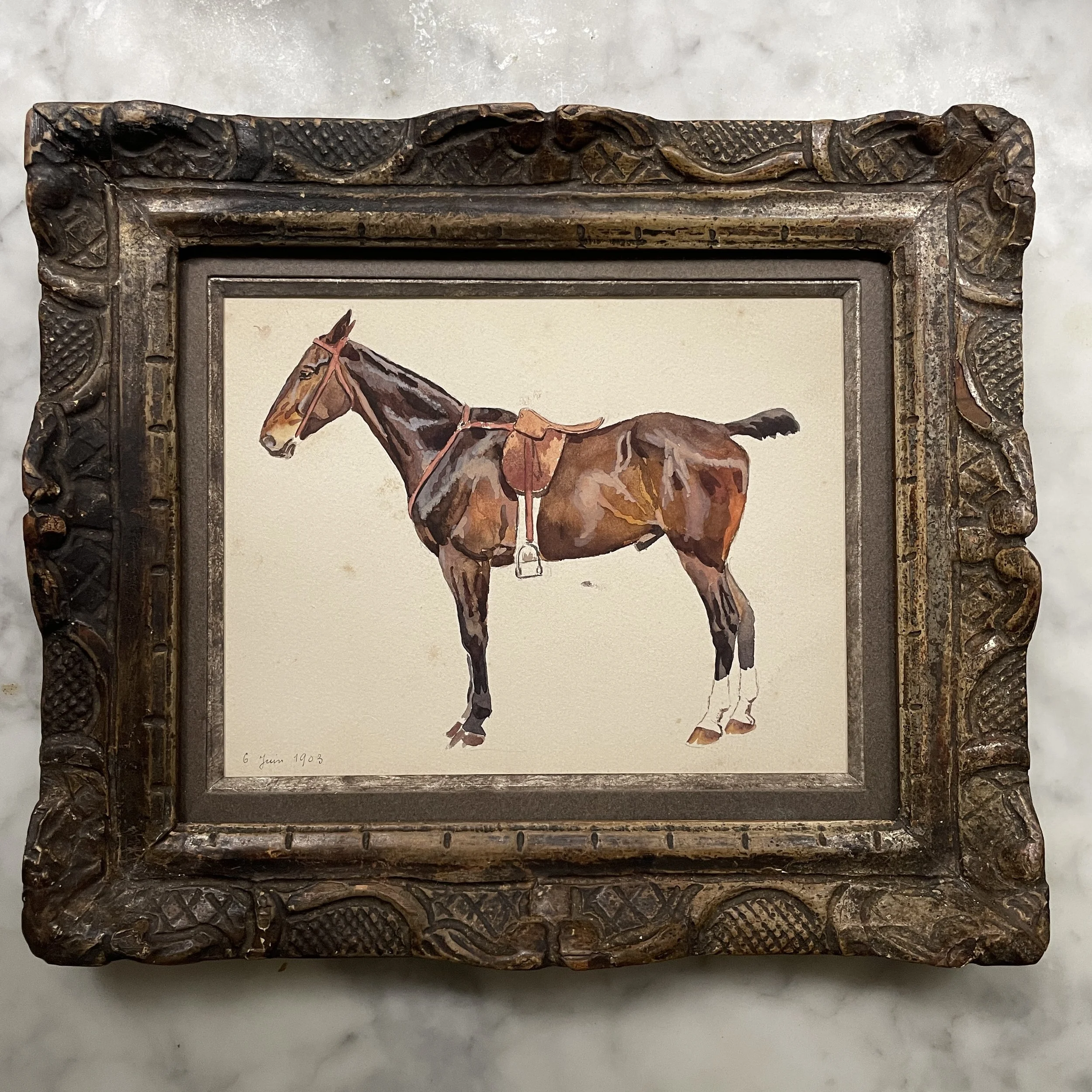 Horse Watercolor in Louis XIV Silver Gilt Frame