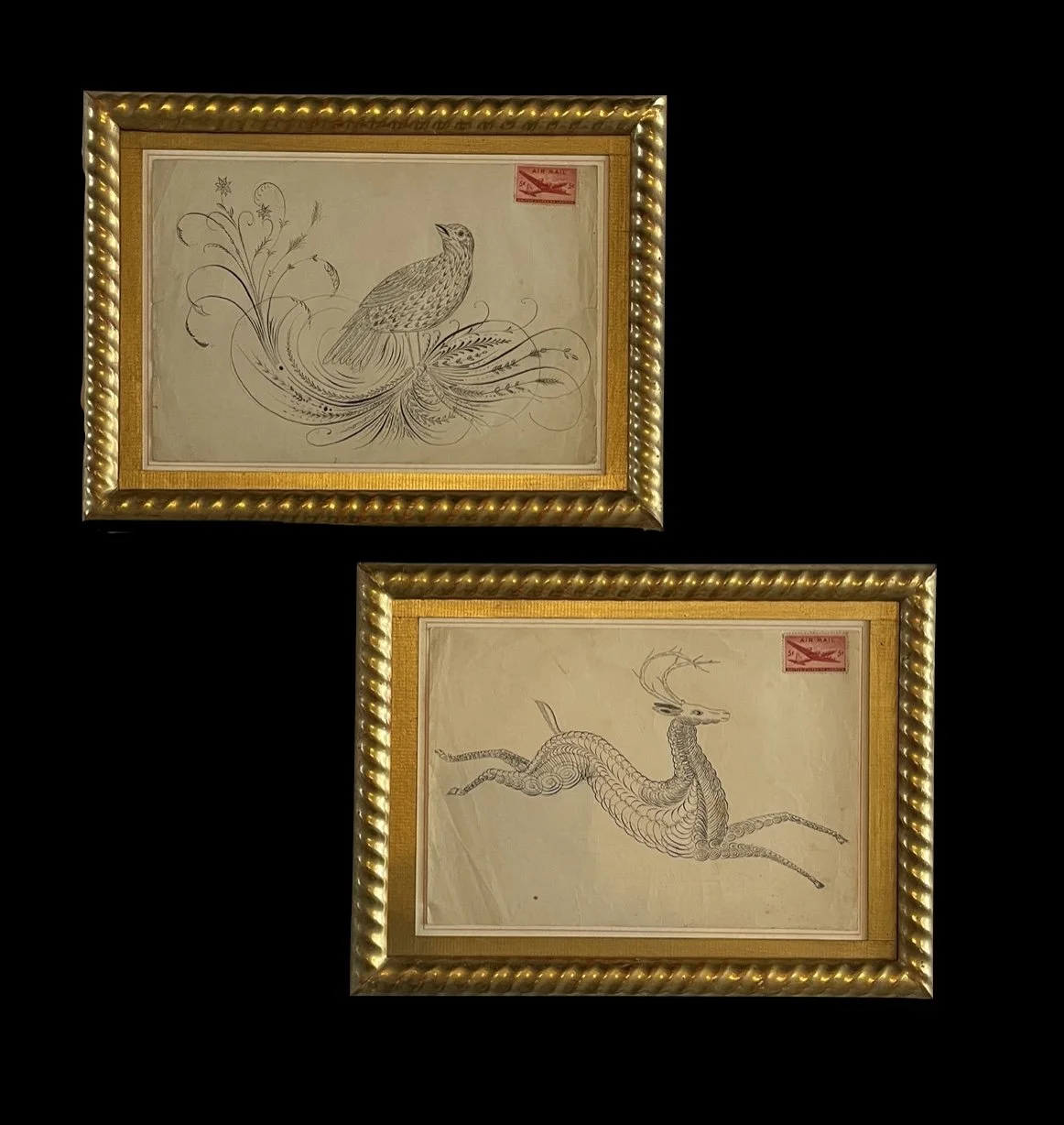 Spencerian Animals in French Rope Twist Gilt Frames