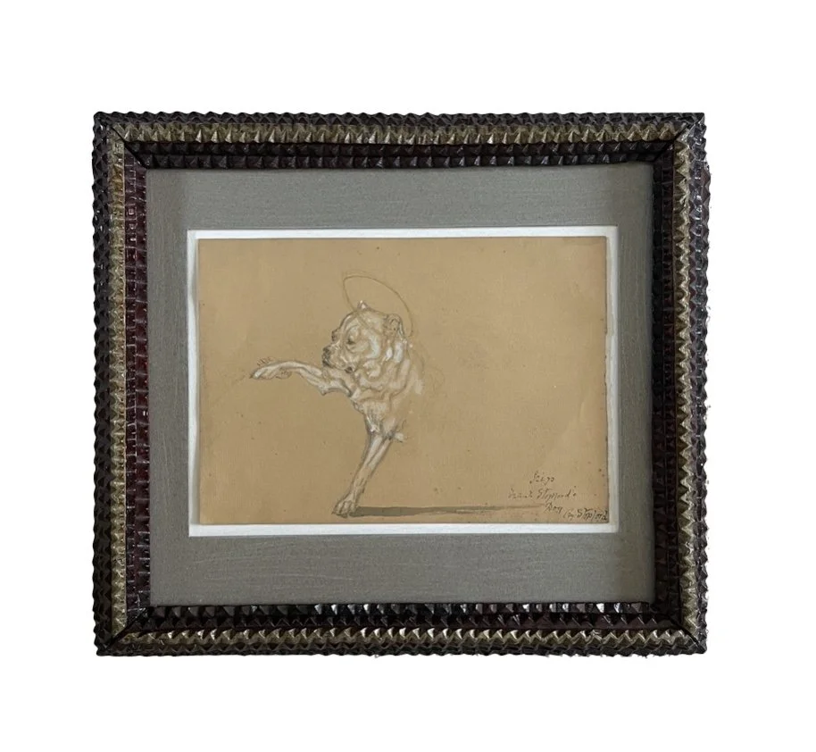 A dog as we all see them, haloed and happy. I was struck by its dogginess, its unfinished state, and of course by the unexpected glorious round that hints at a saintly state. I couldn’t resist pairing it with this simple tramp that it also heightene