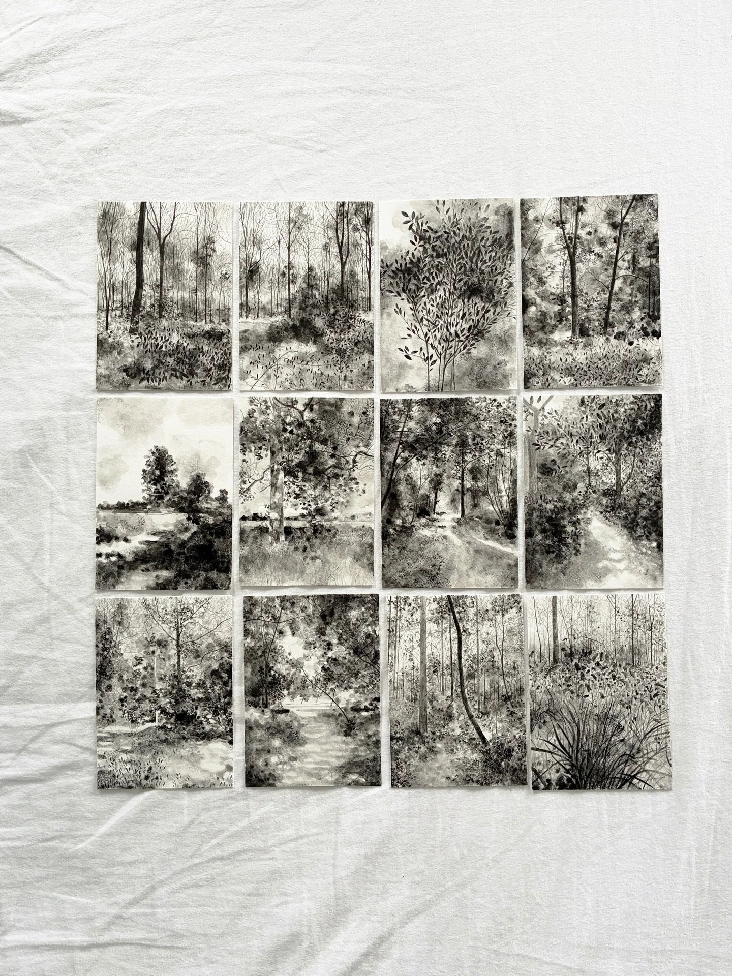 12 little landscapes which remind me of wonderful walks with my children in all seasons and weathers, from stark wintry trees to open fields and springtime bluebells. Each a memory, a moment frozen in time.