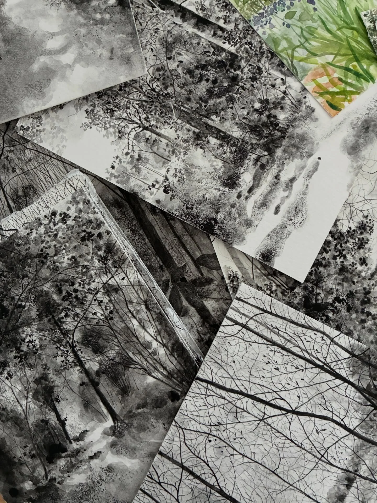 A little pile of drawings. See what&rsquo;s available at claireleach.com/shop. Original, unique, atmospheric works inspired by British landscapes throughout the seasons. 🌿🍂🌲