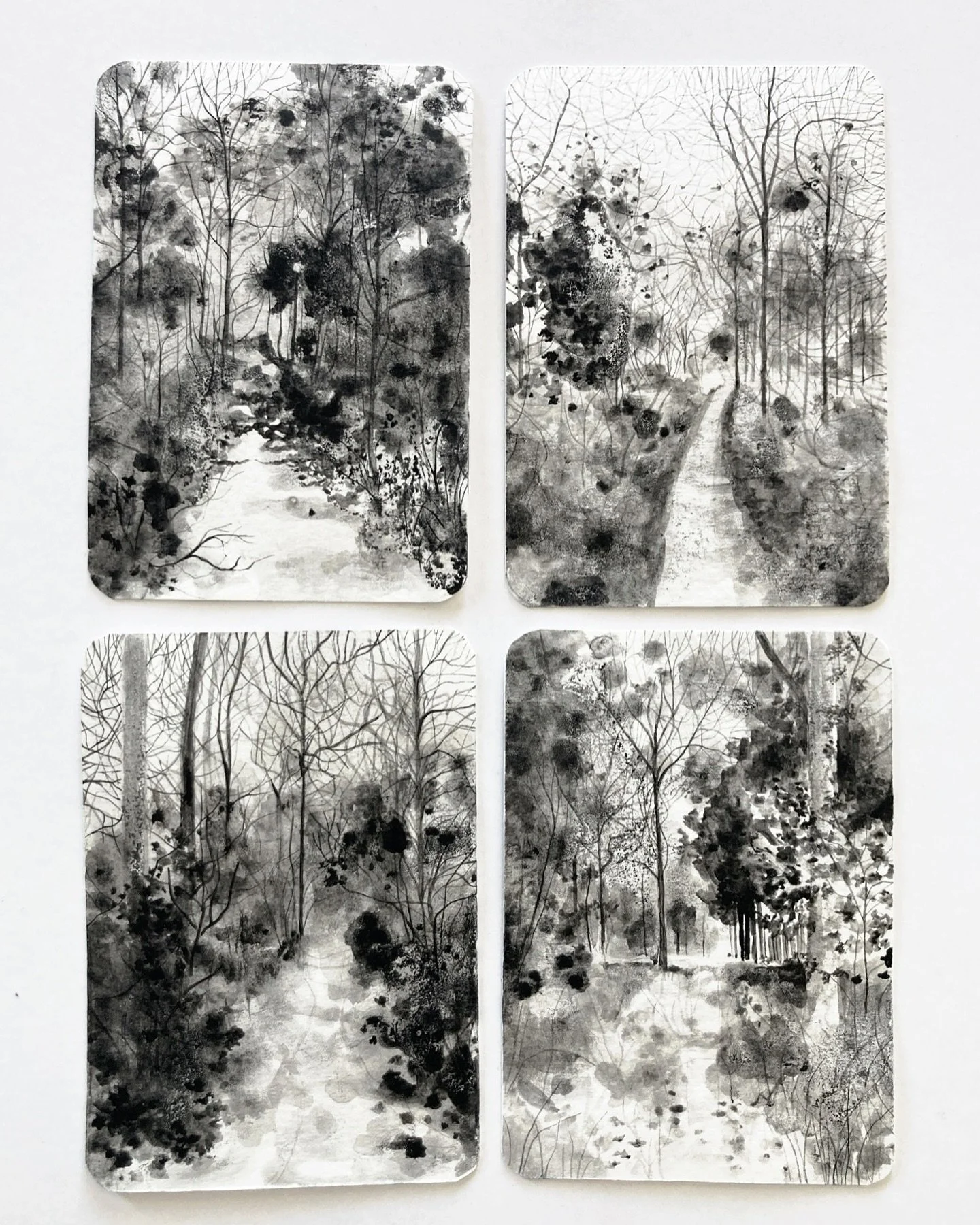 Four miniature ink and brush landscape drawings. ✍🏻
