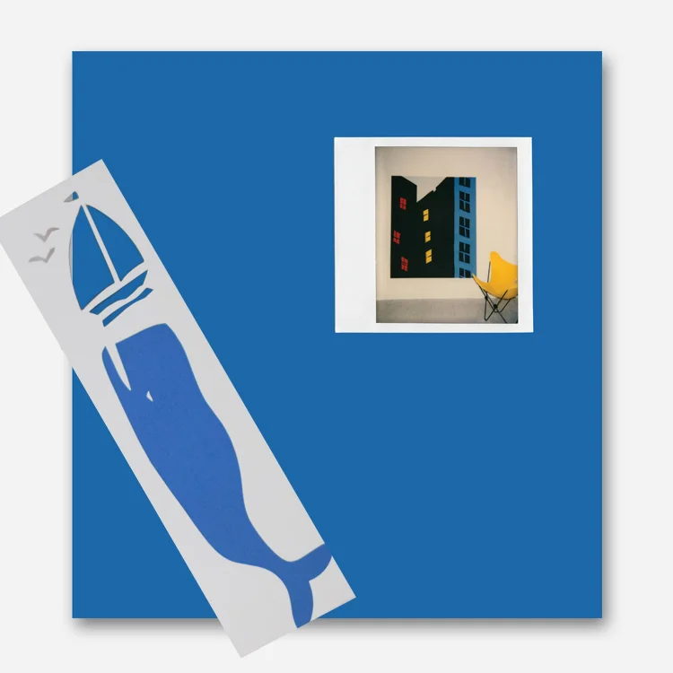 The Tom Slaughter book cover is solid blue with the image of a Polaroid photograph in the top-right corner.