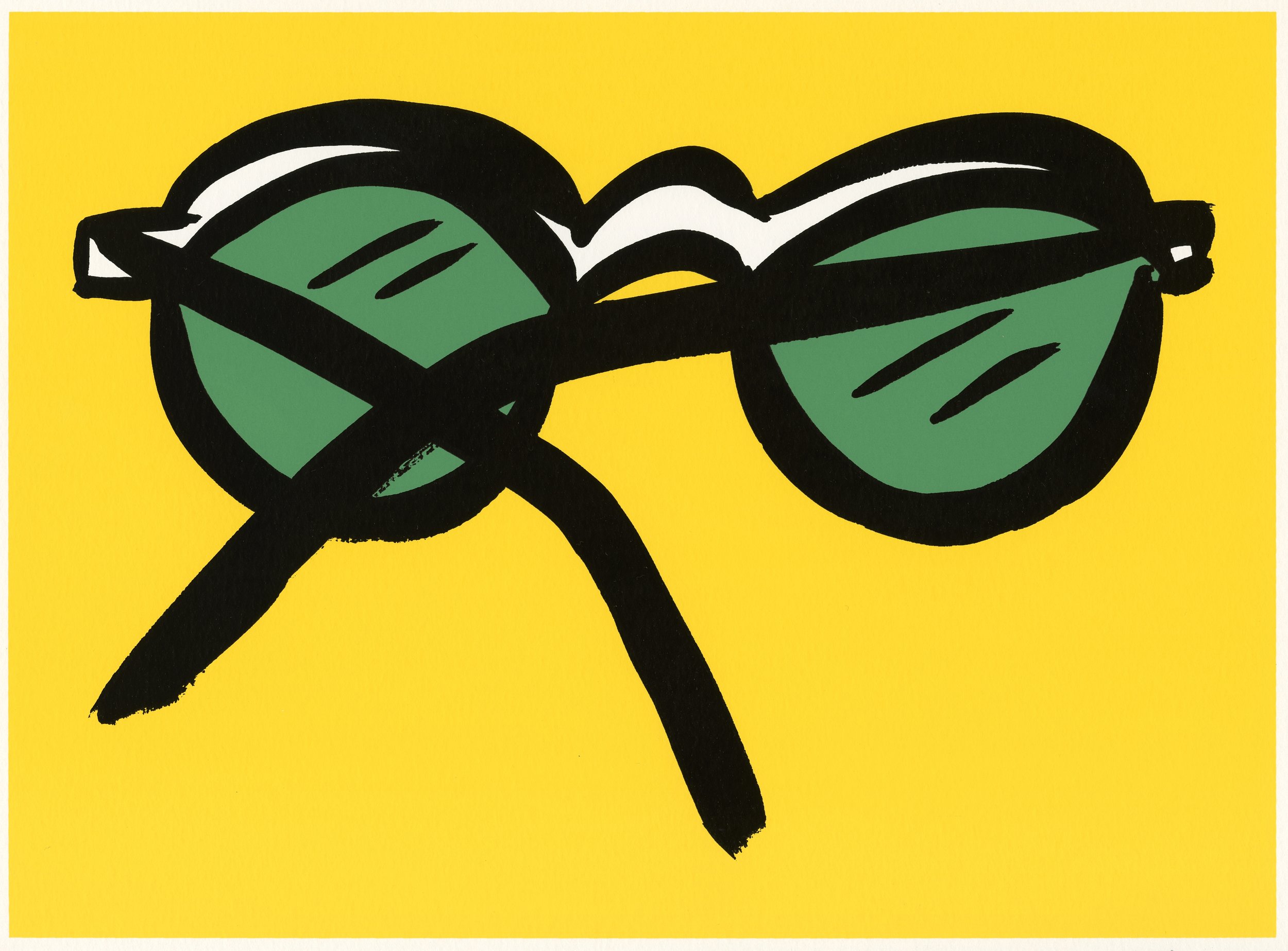 A print of a pair of glasses with green lenses on a solid yellow background is shown.