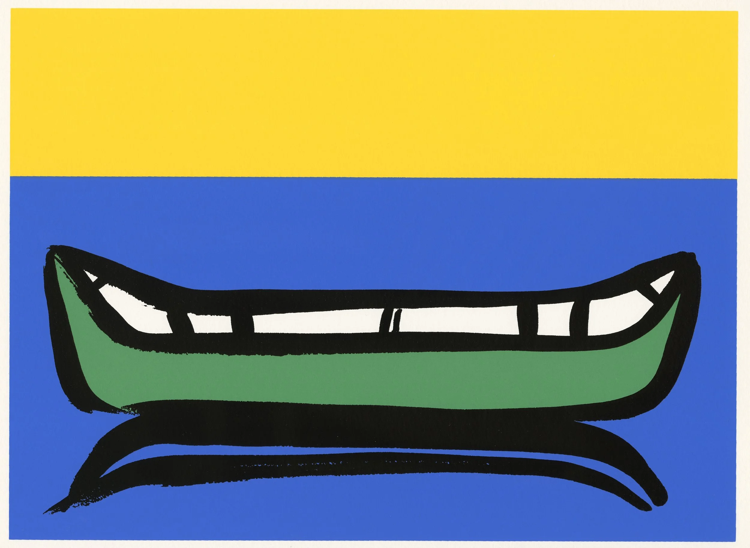 A print of a green canoe outlined boldly with black lines sits on a solid blue background with a solid yellow sky.