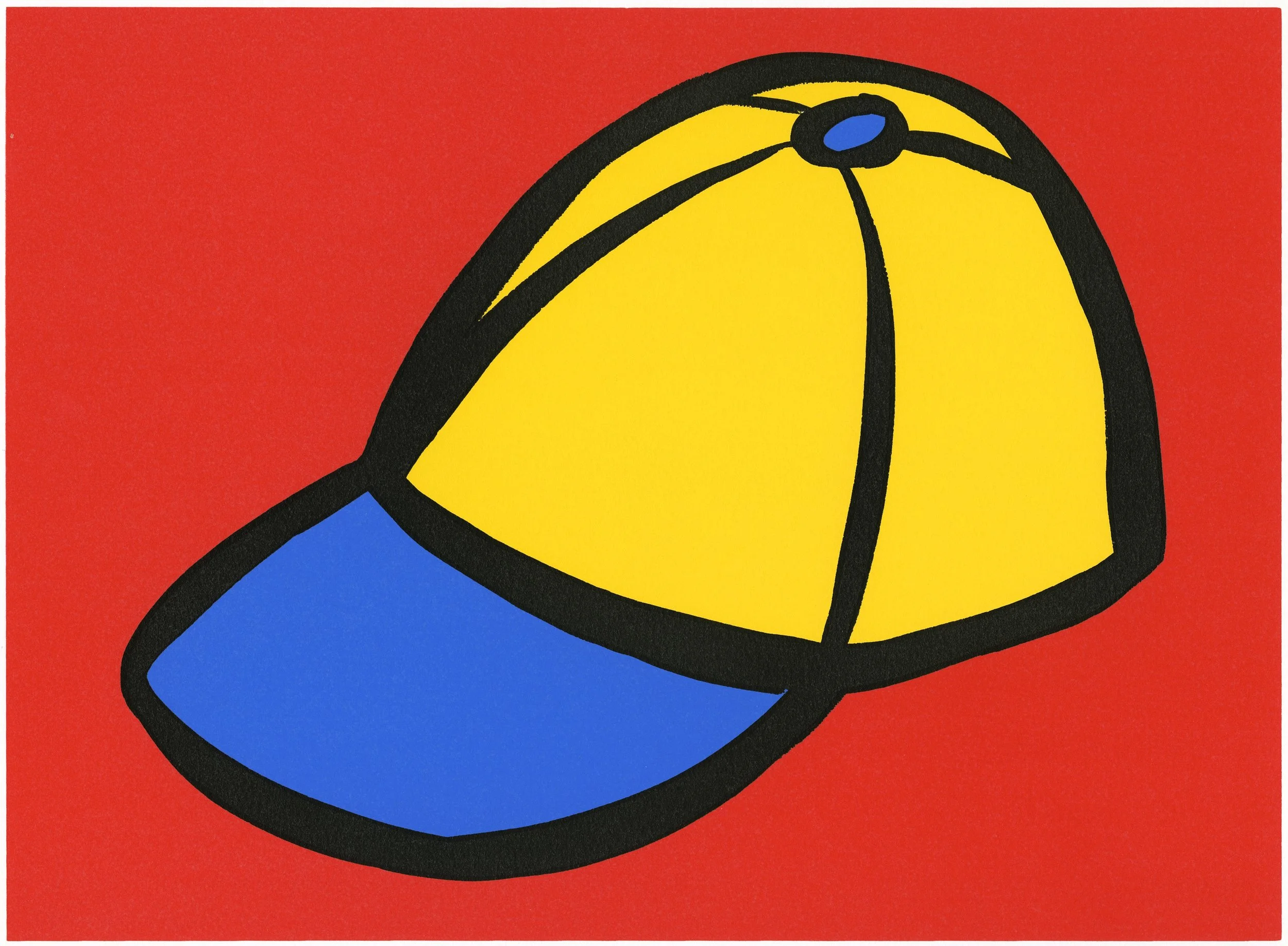 A print of a baseball cap appears on a solid red background. The cap is yellow with a blue bill and is outlined with bold black lines.