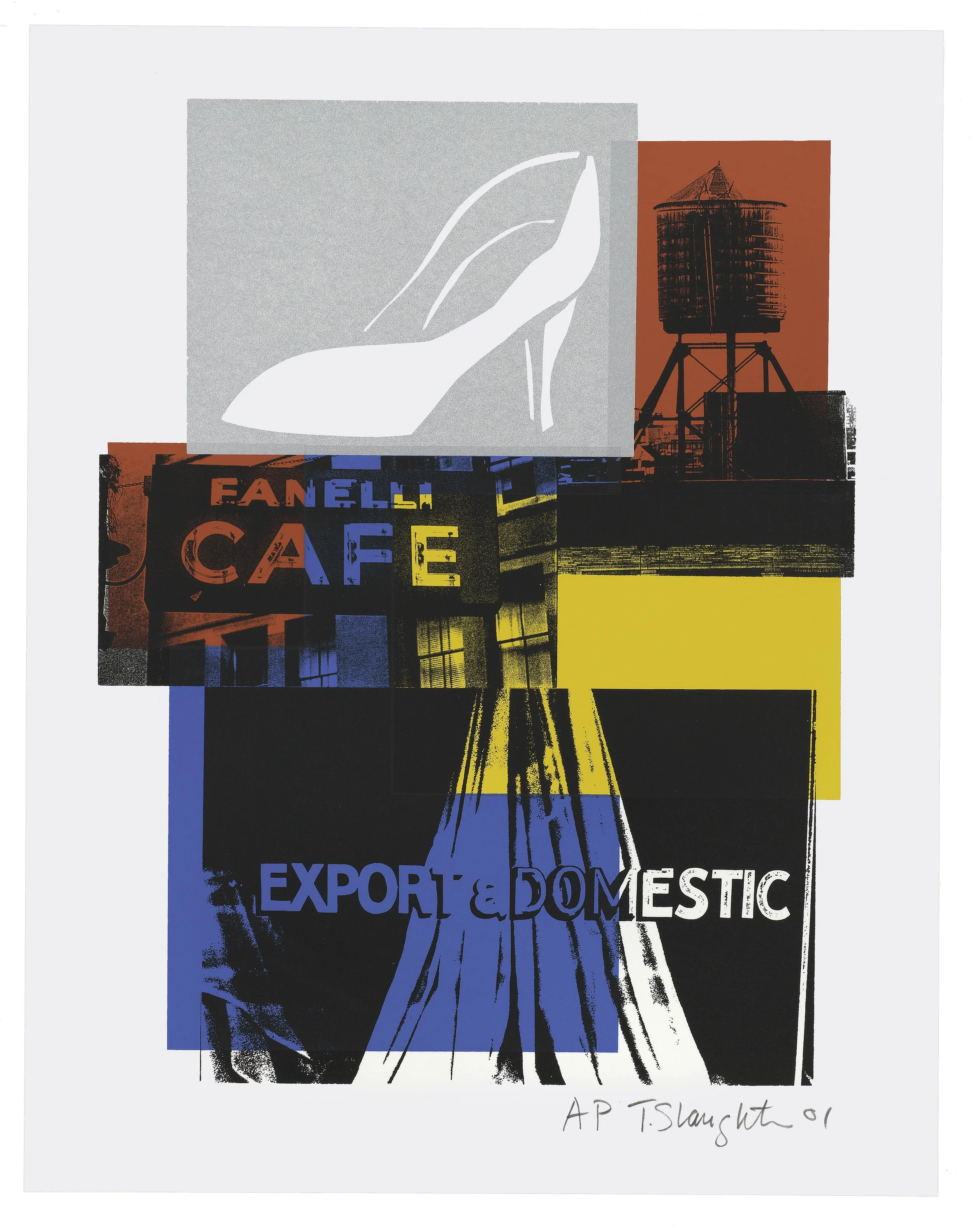 A silkscreen print illustrates a high-heel shoe, a water tower, and the words “Fanelli Cafe” and “Export Domestic” in black on top of red, yellow, and blue blocks of color.
