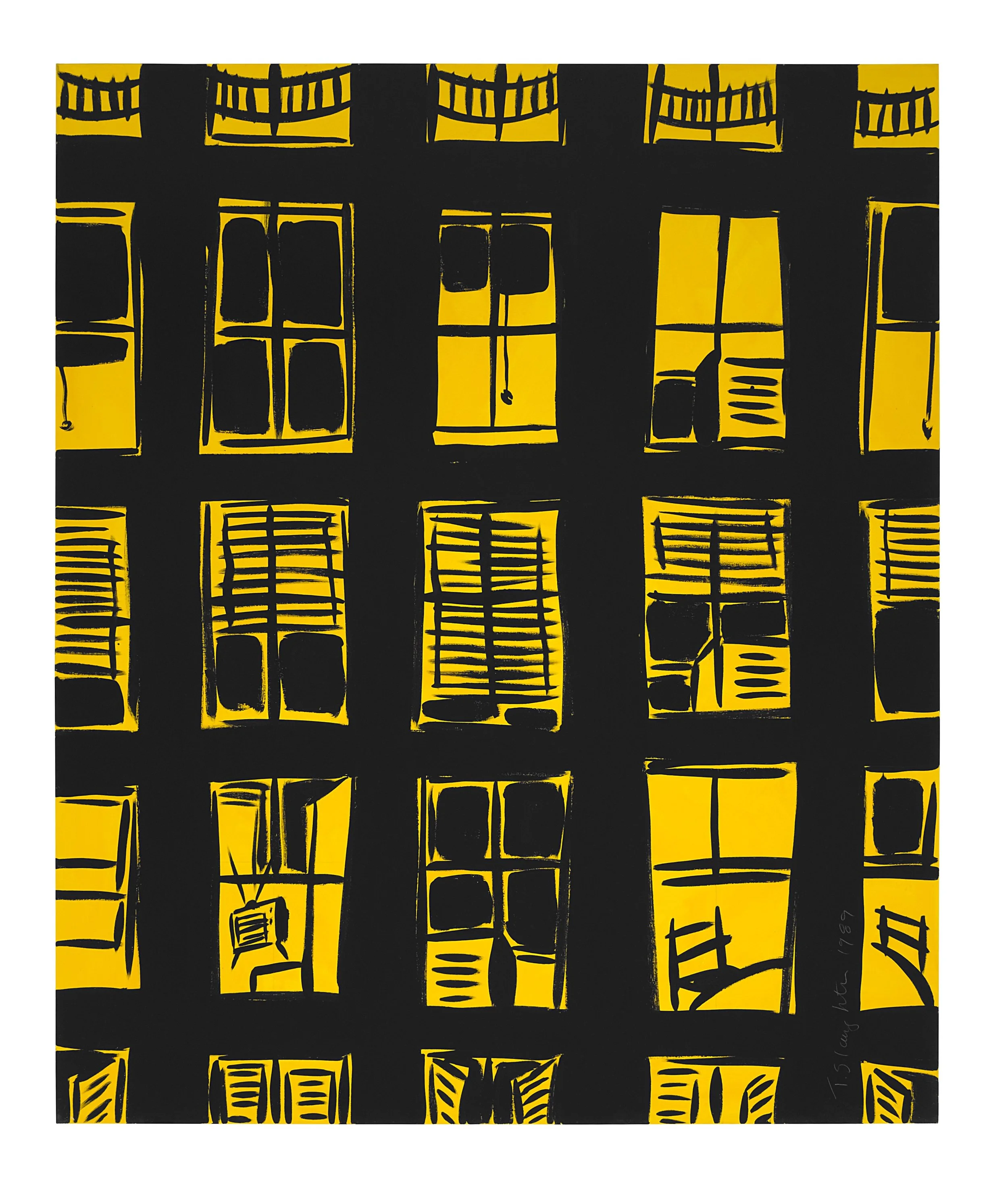 A painting of windows. All the windows are painted in black and have a yellow interior. Some windows have their shades drawn, while chairs, tables, and TV sets can be seen through others.