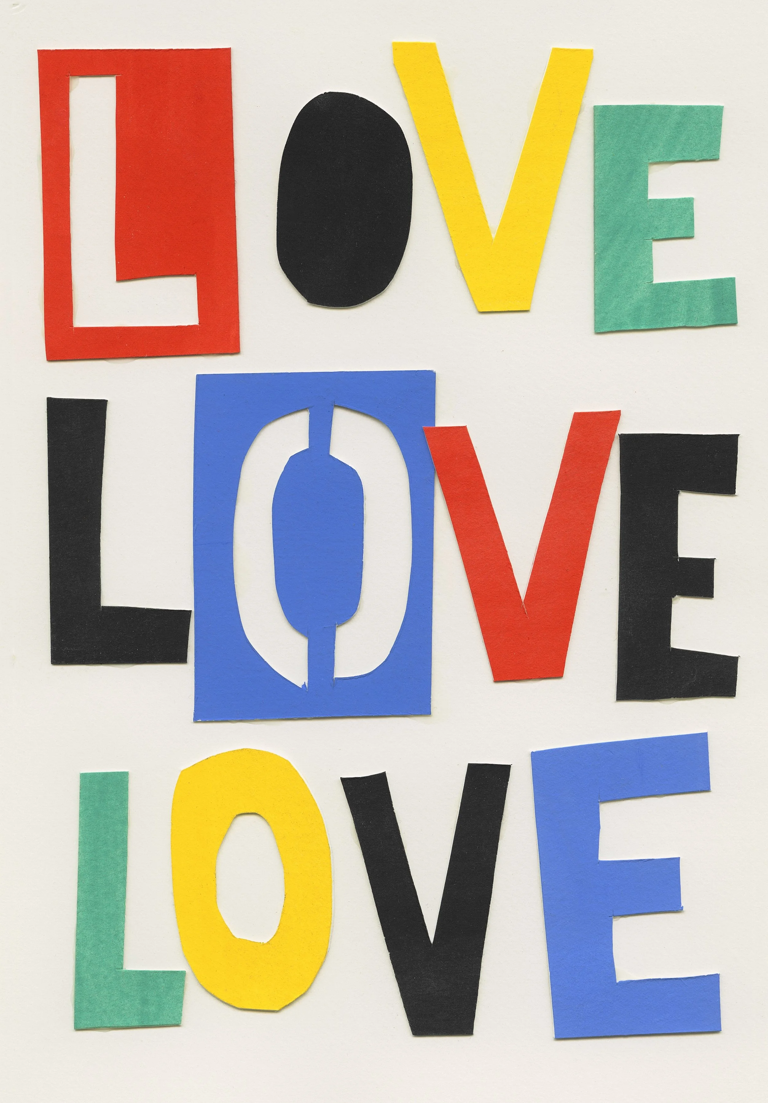 The word “Love” is collaged three times. Each letter is cut out of red, black, yellow, green, or blue paper.