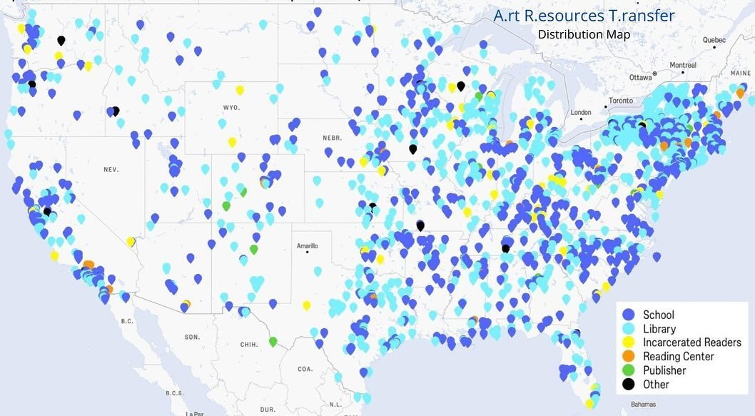 From coast to coast, TABF is making sure art books reach underserved communities in partnership with Art Resources Transfer (A.R.T.). In collaboration with A.R.T., our books can be found in all 50 states, with 75% of all TABF book donations going to 