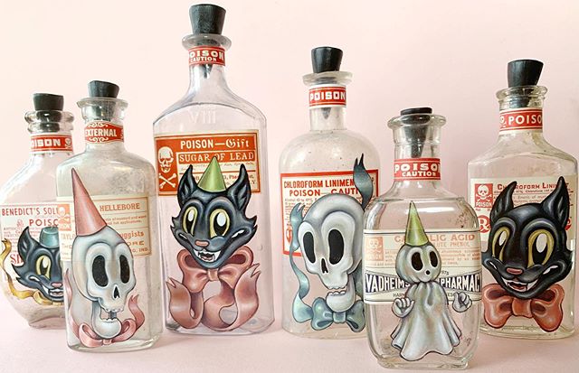 Preparing for a shop update now that I&rsquo;m back home from DesignerCon 👻💕 All of the original works I brought home with me from the show, including these six new paintings on antique poison bottles, will be released on my website this Friday, No