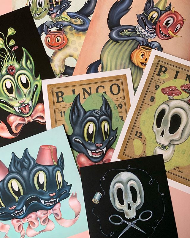 New prints are coming! Heads up ✨👀 - 7 new fine art prints will be hitting my shop tomorrow, December 3rd at 9:00am PST, along with some other fun new goodies! &hearts;️ #lowbrowart #popsurrealism #halloweenart #supportart #shopsmall