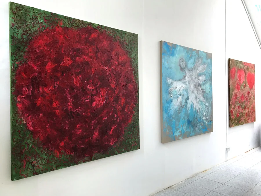 Flight , 2018 installation shot showing from left to right “Peony”, “Floating Up in the Sky Again” and “Fragonard”