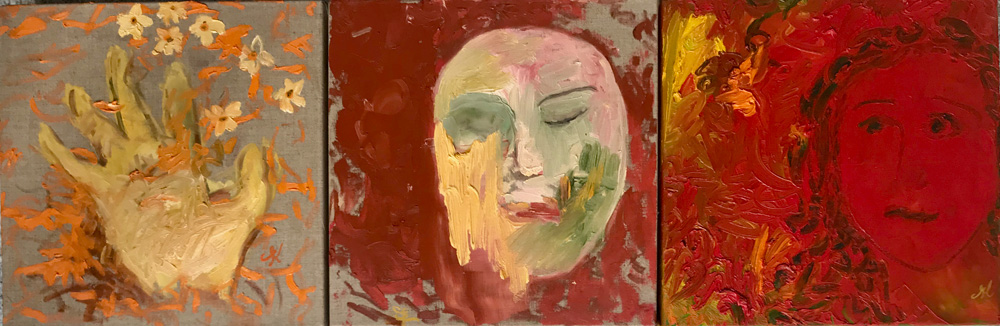 My Father, Hand in Spring, Paralysis, and Me, 2017, triptych, oil on linen, 30 cm x 30 cm x 3