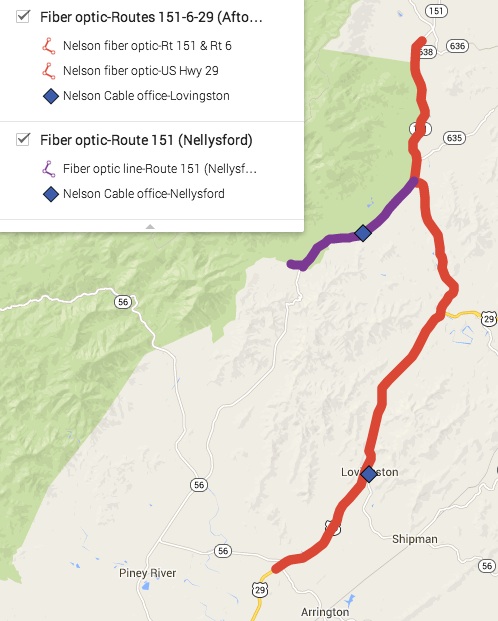 The red line is the fiber option line running from the Afton area to Colleen via Routes 151, 6 and US 29. ( click to enlarge map ). For information on the Route 151 (purple) line running through Nellysford, go here . Those in the Wintergreen area should go here .