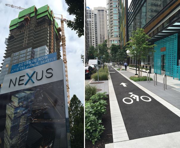 A new apartment tower rises across the street from what will be the development site for NEXUS, while entirely new neighborhoods form around major projects reshaping how and where we live in downtown Seattle.