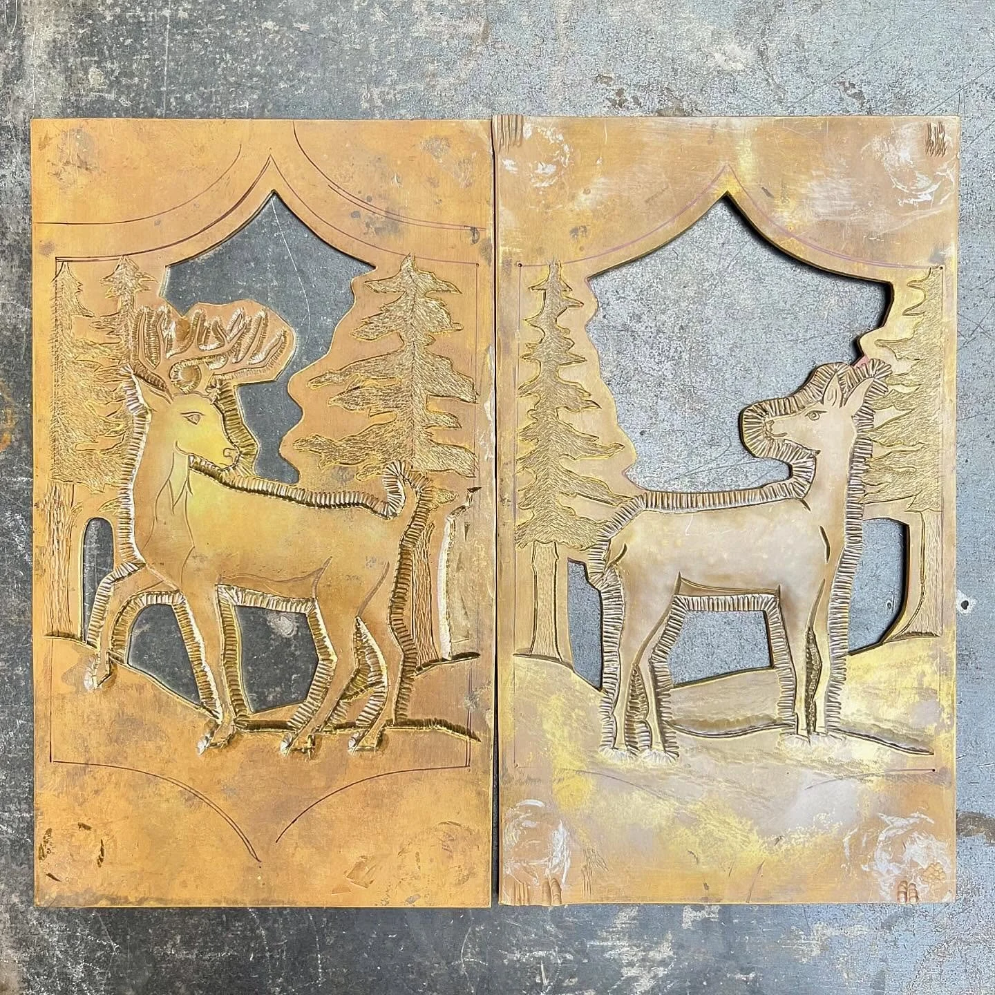 Decorative panels for a door project in progress.

#doors #repoussee #chasing #chasingandrepouss&eacute; 
#handmade #metalwork #craft #madeindetroit #deer #buck #brass