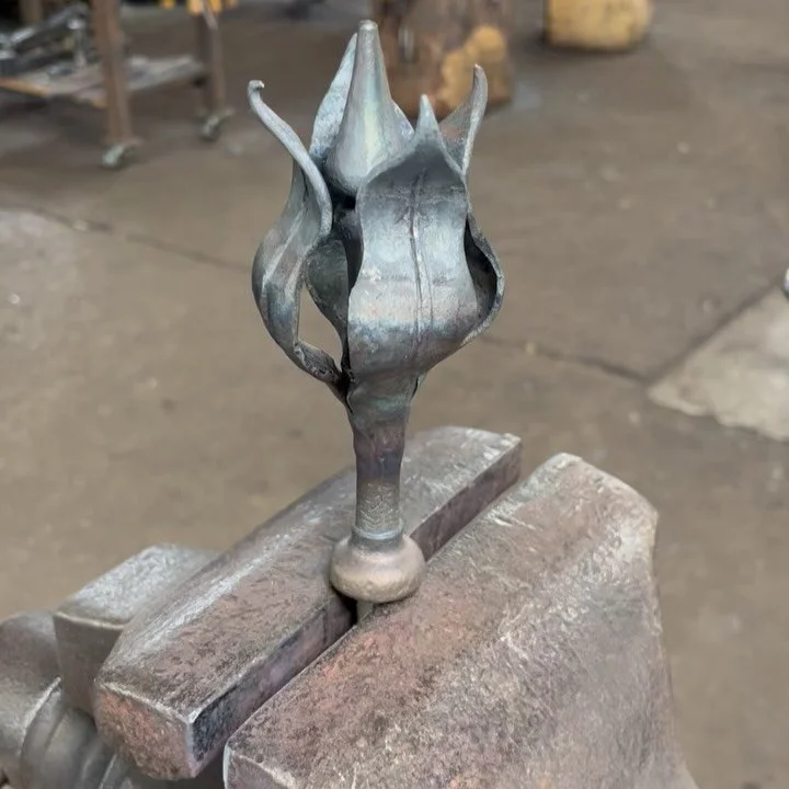 Finial sample and leaf work for the current fire screen project. Yet another form I&rsquo;ve been contemplating for almost a year. As a forging this comes quite close to utilizing all of our technical and artistic talent. Can&rsquo;t wait to show the