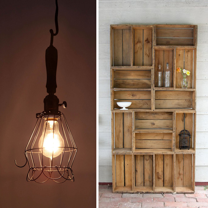 Mechanic's Beacon Light from Anthropologie , Bookshelf Made From Antique Apple Crates found on Pinterest