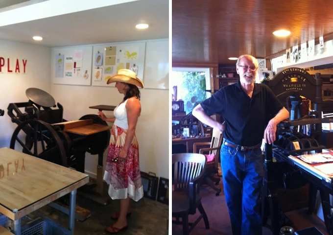 Amy admiring Kristine's press (Cornelius), and Carl looking dapper with his iron hand press