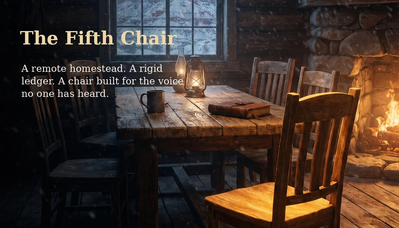 Promotional image for The Fifth Chair showing a dim, lantern-lit cabin table with chairs and the line A remote homestead. A rigid ledger. A chair built for the voice no one has heard.