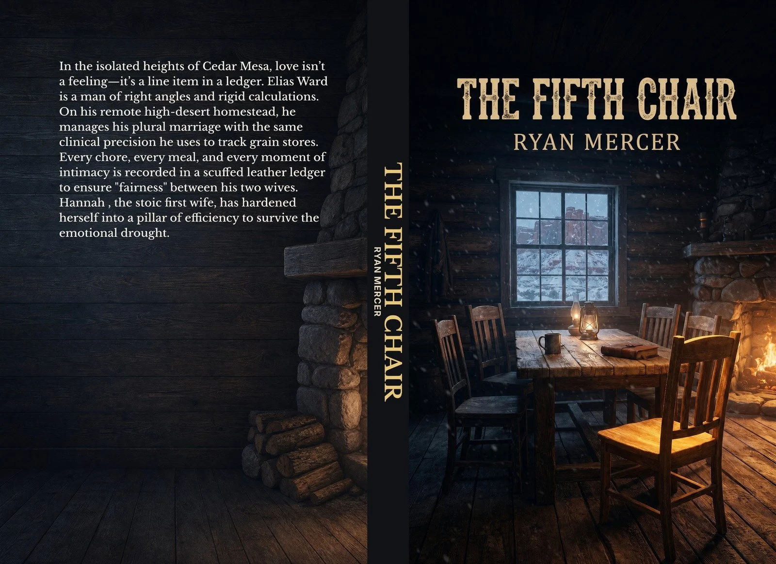 Full hardcover wrap for The Fifth Chair by Ryan Mercer, featuring back cover copy, spine, and a dark cabin table scene with lantern light and a snowy window.