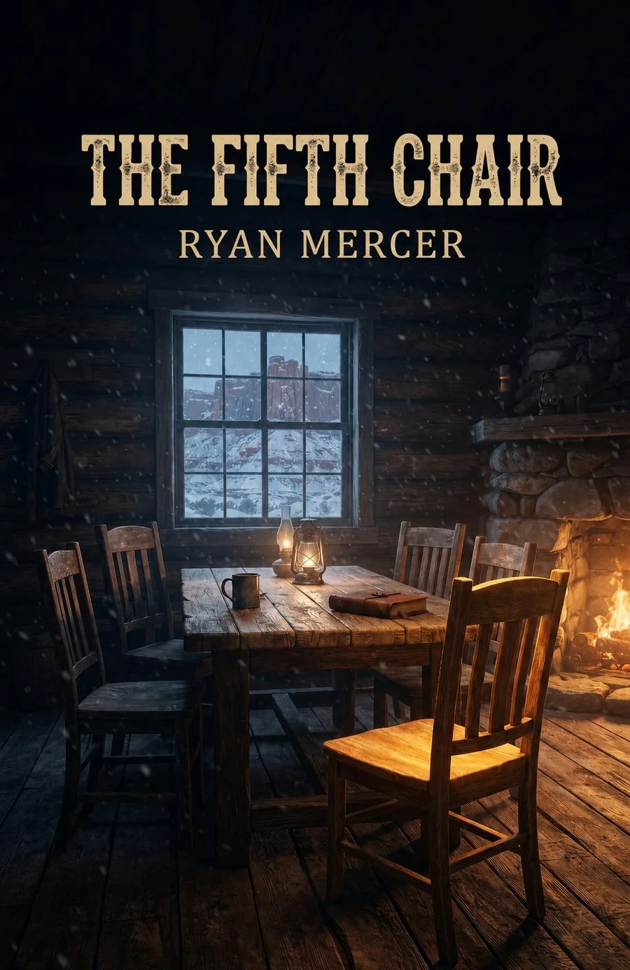 ront cover of The Fifth Chair by Ryan Mercer, showing a dark cabin interior with a table, lantern, fireplace, snowy window, and multiple wooden chairs.