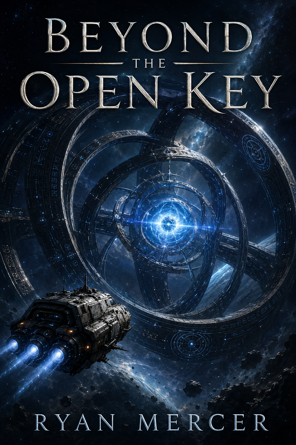 Book cover for Beyond the Open Key by Ryan Mercer, showing the small salvage ship Iron Finch approaching an enormous alien structure of nested rings surrounding a brilliant blue-white energy core.
