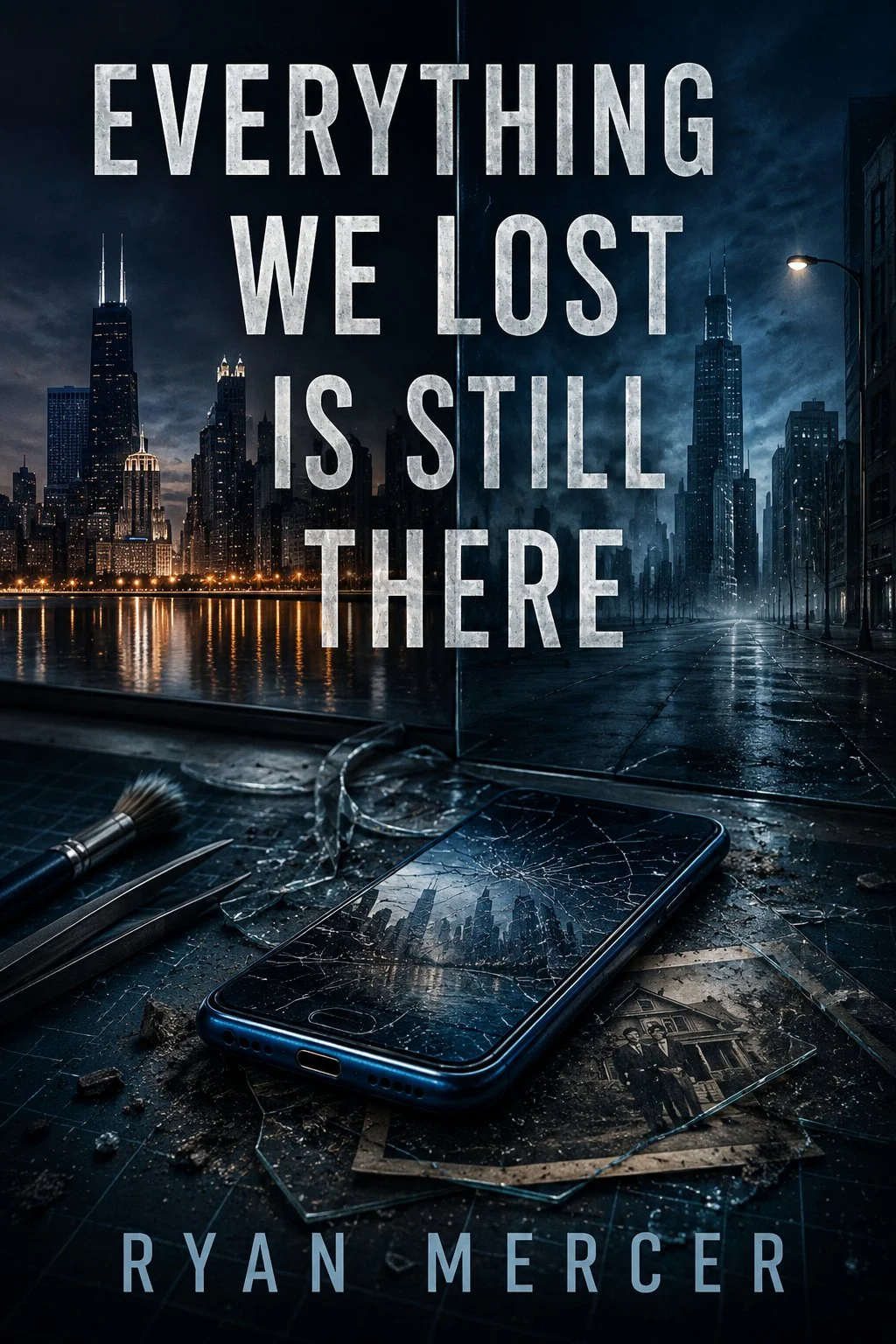 Book cover for Everything We Lost Is Still There by Ryan Mercer, featuring a cracked blue phone, the Chicago skyline, and an empty parallel version of the city.