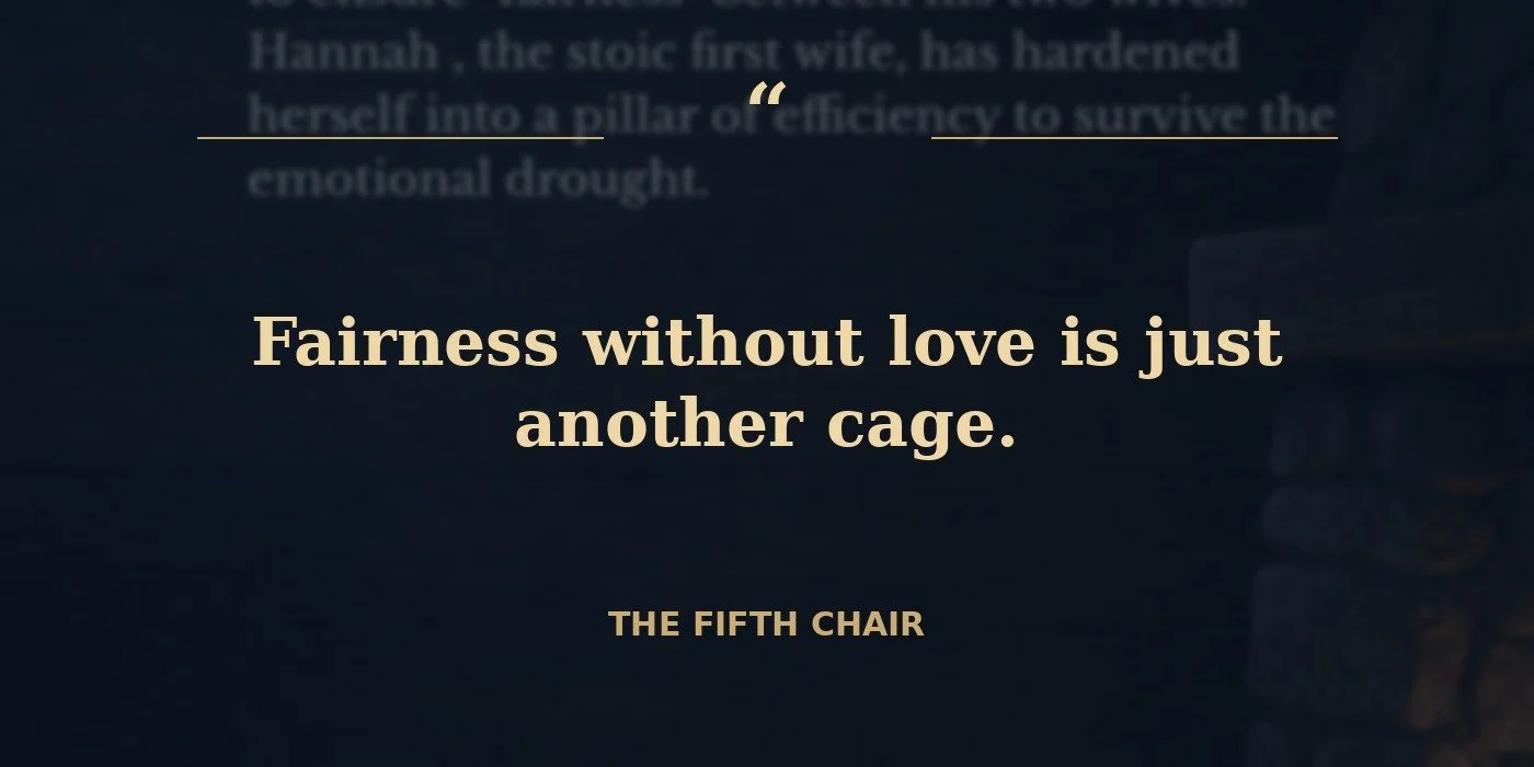 Quote graphic for The Fifth Chair reading Fairness without love is just another cage.