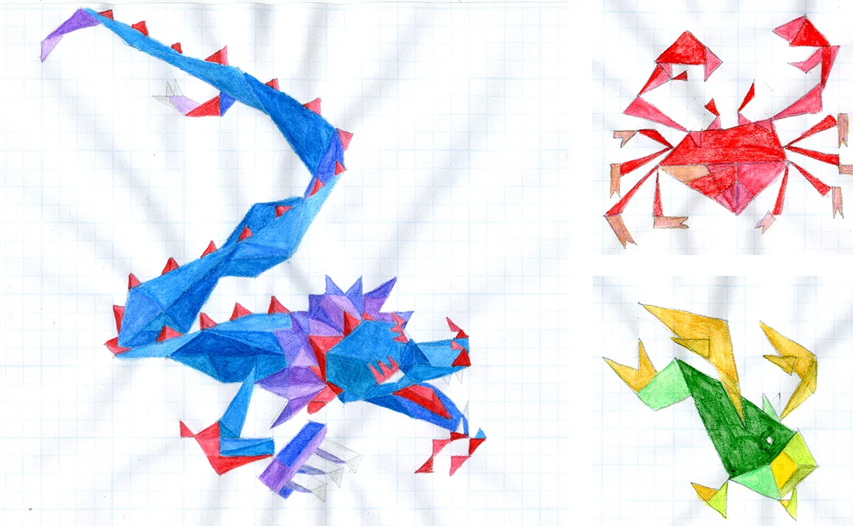  Process sketches.  Pencil, watercolor pencil on graph paper.  