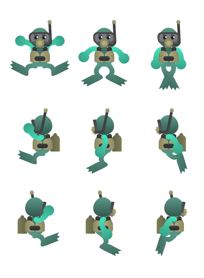 Frogman goes through a battery of motion tests.