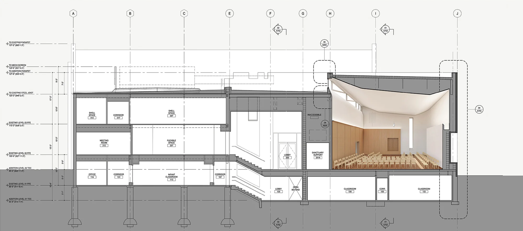 “We were struck by how the new addition responds to the existing context to tie the overall site together. The exterior is spare and composed, while the interior is serene and uplifting. 2018 AIA STL Design Award Jury