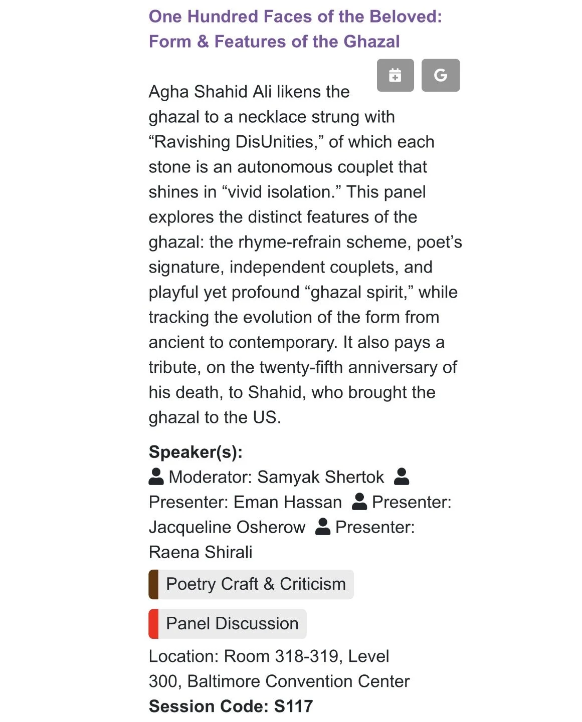 AWP '26: One Hundred Faces of the Beloved: Form &amp; Features of the Ghazal