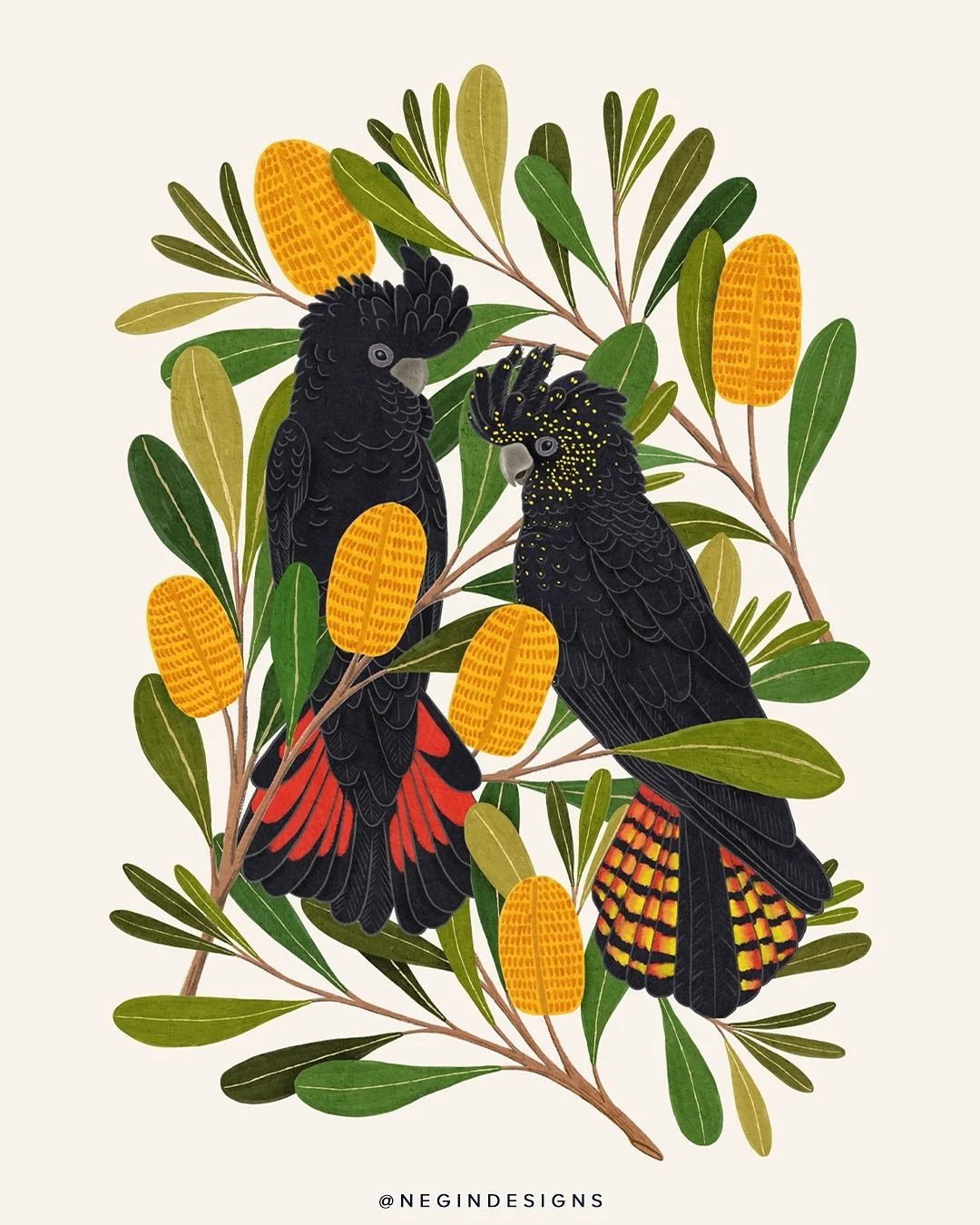 Apparently, it was a cockatoo-and-banksia kind of weekend ❤️ The Cockatoos &amp; Banksia tea towels and totes were popular in my shop this weekend. This pair of red-tail black cockatoos are available as a print in my shop, and also on @earthgreetings